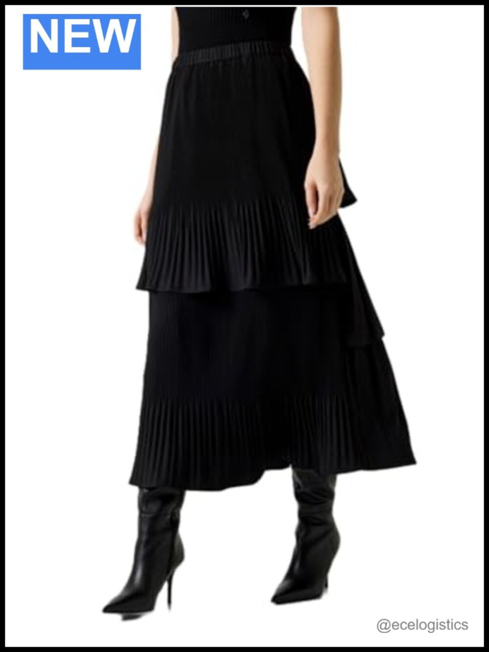 Pleated Maxi Skirt Tiered Woven Polyester Zipper Closure 90% Polyester 10%